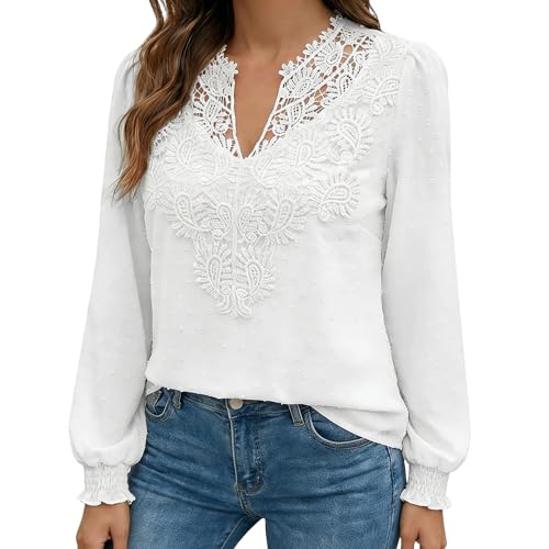 Image of Supcomsta Womens Lace V Neck Long Sleeve Tops Elegant Eyelet Crochet Blouses Casual Loose Fit Pleated Lantern Sleeve Blouse (UK, Alpha, M, Regular, Regular, White)
