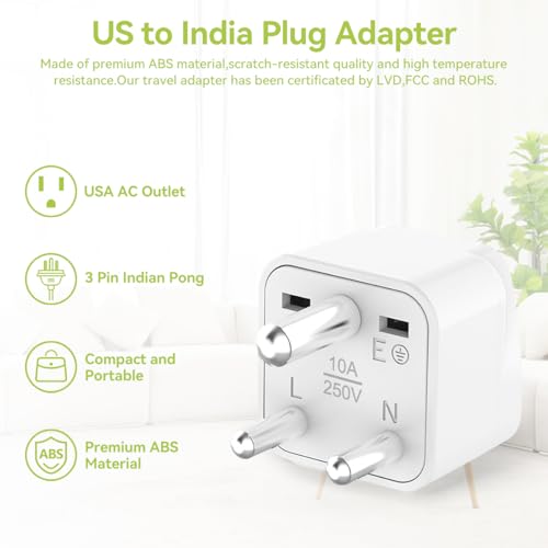 Qruihc K001 3-Pack Us To India Plug Adapter,Us To Type D India Power Adapter,Us Travel Adapter Converter Plug Usa To India Bangladesh Maldives Nepal Pakistan thumb #2