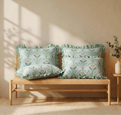 Image of VAS COLLECTIONS Cotton Pillow Covers Set of 4 (18x28 Inch) Rectangular Throw Pillow Cases with Frill Border, Envelope Closure Cushion Covers for Living Room, Bedroom & Diwan (Retro Botanical)