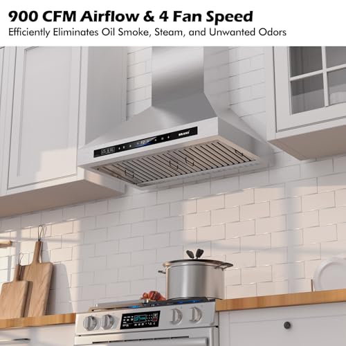 Wall Mount Range Hood 30 inch，900 CFM Kitchen Hood with Voice/Gesture/Touch Control，Vent Hood in Stainless Steel With Ducted/Ductless Convertible, 4 Speed Exhaust Fan - Thumbnail 3