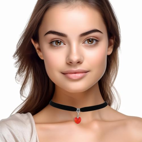 DIVINA VITAE Rot Choker Halsband Damen Schwarze Samt Herz Halskette Choker Herz Kette Vintage Gothic Verstellbare Halskette für Valentinstag Halloween Cosplay Party Schmuck Mädchen 80er 90er Deko