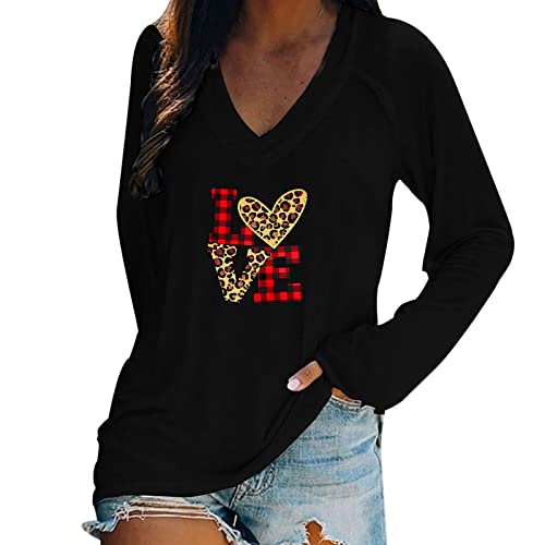 Valentine s Day Hoodie Tshirt for Women Buffalo Plaid Leopard Love Heart T-Shirt Long Sleeve Color Block Shirt Tops