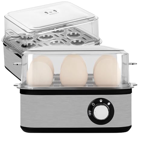 Cuociuova in Acciaio Inox da 1 a 8 Uova - Fornello per Uova – Cuoci Uova da 500 W - Tre Gradi di durezza alla Coque, barzotto, sodo - Accessori Lavabili in lavastoviglie