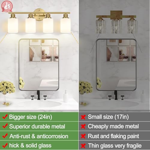 Image of Zarbitta 4-Light Bathroom Light Fixtures, Brushed Gold Modern Vanity Lights with Milky White Frosted Glass Shades, Bathroom Wall Lamp for Mirror Kitchen Living Room