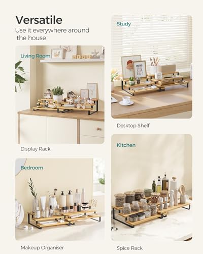 SONGMICS Spice Rack, Set of 2 Cabinet Shelf Organisers, 3-Tier Extendable Spice Holder, Engineered Wood, Stackable, for Pantry, Cupboard, Countertop, Natural Beige and Ink Black KCS016N01 - Image 6