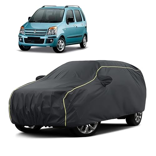 Image of Sulfar 100% Water Resistant Car Body Cover Compatible with Mirror for Maruti Suzuki Old Wagonr (Triple Stitched, Full Bottom Elastic, Dark Grey Taffeta with Yellow Piping)