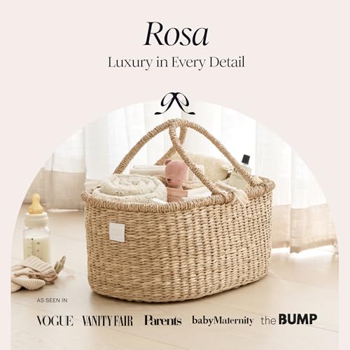 BEBE BASK Baby Diaper Caddy Organizer - Boho Style - Handmade Organic Seagrass Basket - Cute Diaper Caddy for Baby Girl & Boy - Nursery Basket