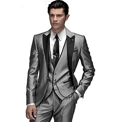 Image of MYS Men's Custom Made Groomsman Shining Tuxedo Suit Pants Vest Tie Set Silver Size 40R