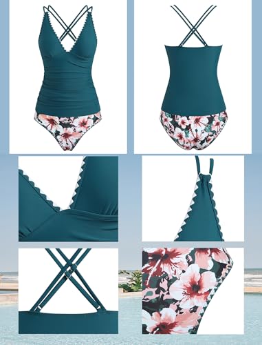 ZAFUL Tankini Swimsuits for Women V Neck Push Up Two Piece High Waisted Swimwear Color Block Tankini Swimsuit Modest Bathing Suit with Shorts (Blue Bloom XL) — view 5