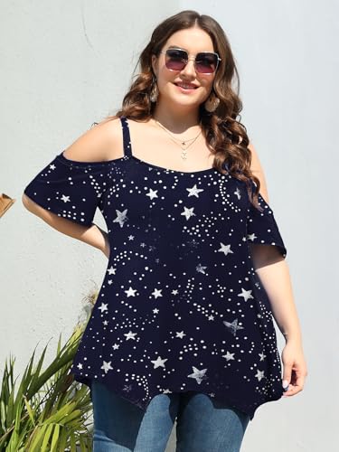 Image of LARACE Cold Shoulder Tops for Womens Summer Clothes Spaghetti Strape Tunic Oversized Shirts Asymmetrical Plus Size Blouse
