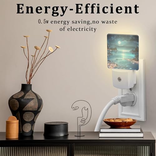 Image of Full Moon and Sparkling Lake Night Light Plug into Wall, Magical Beach Dusk to Dawn Night Light, 0.5w Energy Saving Sleep Friendly Nightlights for Kids Boys Girls Home Decor
