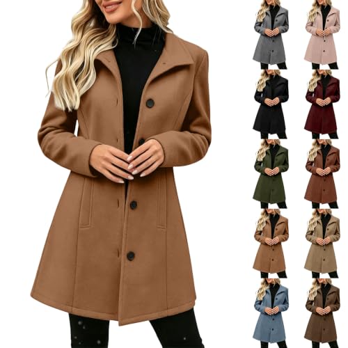 Women's Pea Coat Lapel Collar Single Breasted Mid Length Fall Winter Coat - image 1