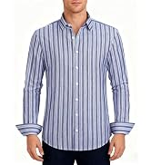 Lzzidou Men's Striped Button Down Shirt Cotton Blend Long Sleeve Collared Dress Shirts for Busine...