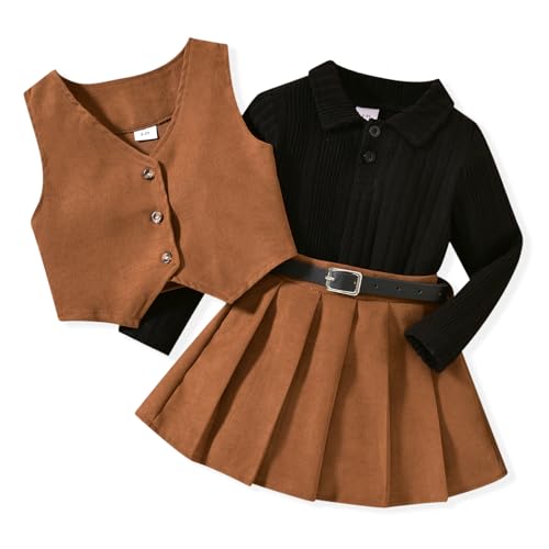 HINTINA Toddler Little Girl 3 Pieces Pleated Skirt Outfits 2 Years Sleeveless Button Vest Collar Ribbed Knit Long Sleeve Top Spring Set Preppy Fall Winter Clothes, 2-3T, Brown