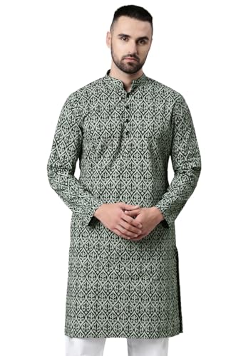 Image of Majestic Man Men's Cotton Regular Fit Casual Mandarin Collar Ethnic Motifs Printed Long Regular Kurta