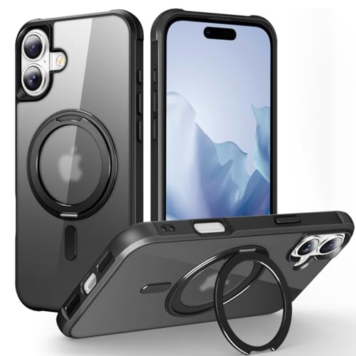 Magnetic for iPhone 16 Plus Case with 360° Ring Stand, [Compatible with MagSafe], [Military Grade Shockproof], Slim Shockproof Translucent Matte Protective Phone Cover for iPhone 16 Plus, Black -  Hensione, ZYK0049-01
