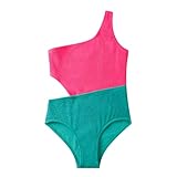 LIZENS Girls' One Piece Swimwear Cutout One Shoulder Swimsuit in Color Clash Swimsuits for Girls Size 2-16(BD410,7/8) Rose Red