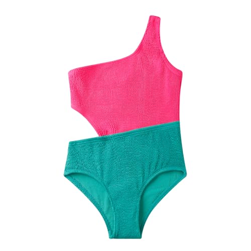 LIZENS Girls' One Piece Swimwear Cutout One Shoulder Swimsuit in Color Clash Swimsuits for Girls Size 2-16