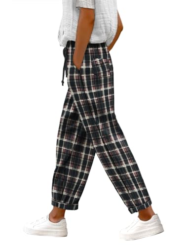 YESNO Women's Casual Straight Leg Pants Fall Drawstring Elastic High Waist Woolen Tapered Trousers with Pockets PWT