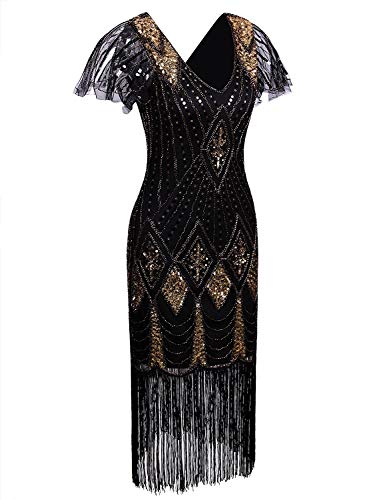 Vijiv Women Vintage Style 1920S Dresses Inspired Beaded Cocktail Flapper Dress With Sleeves For Prom Gatsby Party,Black Gold,Xx-Large #TOP1