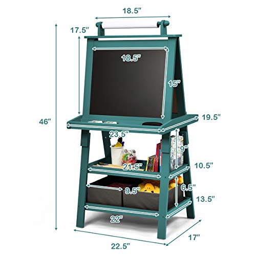 Image of GLACER All-in-One Double Sided Painting Easel for Kids with 2 Storage Bins, Paper Roll, Magnetic Whiteboard & Chalkboard, Gift for Boys & Girls (Blue)