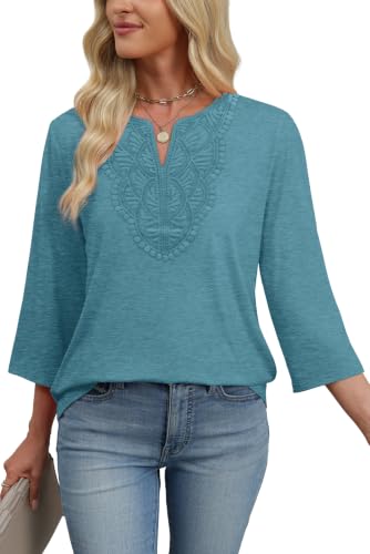 Image of WIHOLL 3 /4 Length Sleeve Womens Tops Boho V Neck Lace Shirt Trendy Blouses Dressy Casual Vacation Clothes S-3XL