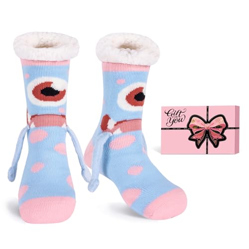 HERYEBING Slipper Socks Fluffy Comfy Soft Warm Fuzzy Socks with Gift Box - Thick Fleece Lined Non Slip Bed Slippers Funny Christmas Gifts Stocking Stuffers for Teens Women Wife Monster Blue