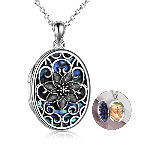 Lotus Locket Necklace Sterling Silver Lotus Flower Locket Necklace That Holds Pictures Yoga Locket Pendant Mother's Day Gifts for Women Wife Mom