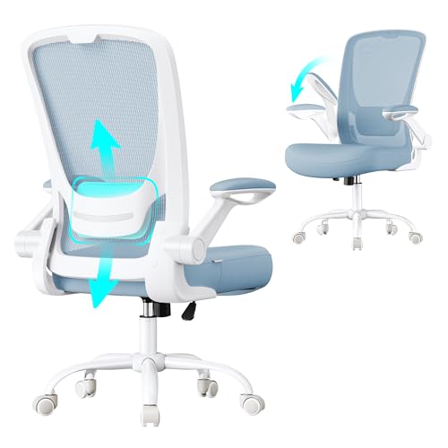 SONGMICS Silla de Oficina, Silla de Escritorio de Malla, Silla Giratoria Ergonómica, Soporte Lumbar, Oscilante, Asiento de 53 cm, Apoyabrazos Abatibles, Azul Niebla OBN037Q01
