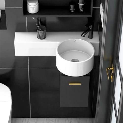 Mueble de baño suspendido negro con lavabo pequeño y grifo para ganar espacio 3