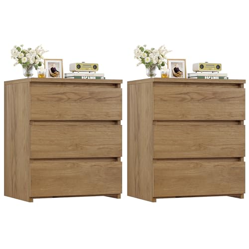 FOTOSOK Nightstand Set of 2 Nightstand with 3 Drawers, Bedside Table Night Stand for Bedroom with Cut-Out Handle, Sofa Side Table 3 Drawer Nightstand for Bedroom, 17.7W*15D*21.7H, Wooden Grain