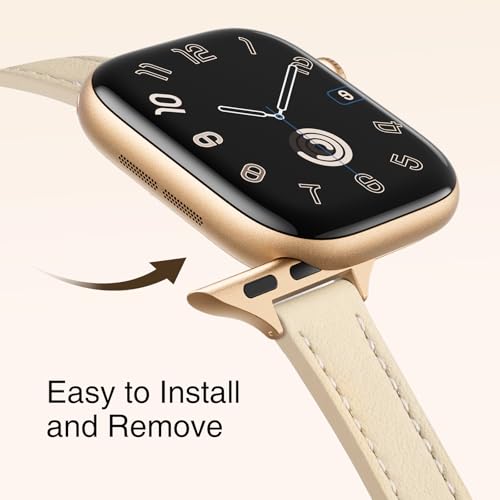 Image of STIROLL Slim Leather Bands Compatible with Apple Watch Band 38mm 40mm 41mm 42mm(Series 11 10), Top Grain Leather Watch Thin Wristband for iWatch SE 9 8 7 6 5 4 3 2 1 (Beige Gold)