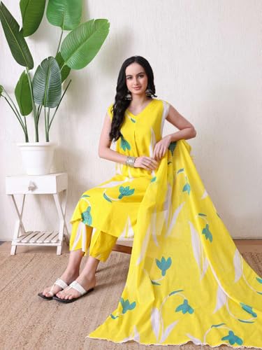 Image of Amazon Brand - Tavasya Women Cotton Anarkali Kurta Pant Dupatta Set | Printed Ethnic Suit Set | Flared Anarkali Kurta with Pant & Dupatta | Festive & Casual Wear
