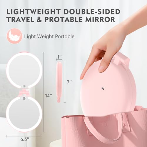 Espejo de viaje con luz, doble cara 10X, recargable rosa miniatura 6