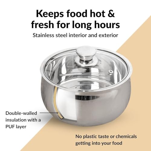 Image of Nestasia Stainless Steel Insulated Casserole with Glass Lid (2000 ml) - 100% Food Safe Casserole for Roti Hot Case with Air Vent Lid - Keeps Food Hot & Cold | Rust Resistant & BPA - Free