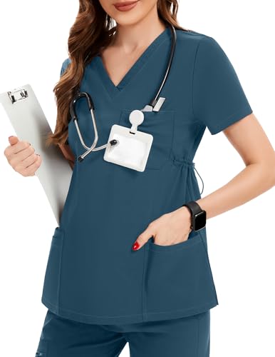 Image of PACBREEZE Women's Maternity Scrub Top /Shirt V-Neck Workwear Medical Pregnancy Scrub Clothes with 4 Pockets, S-XXL (Caribbean Blue, Medium)