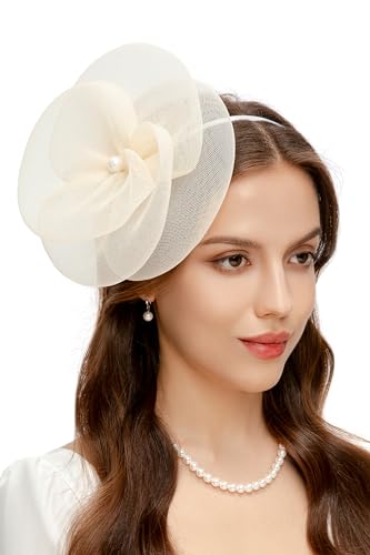 BABEYOND Fascynatorska czapka dla kobiet, siateczka, kwiaty, opaska na głowę, eleganckie nakrycie głowy z klipsem do włosów, na wesele, dzień wyścigu, przyjęcie koktajlowe, BEŻOWY, Rozmiar uniwersalny