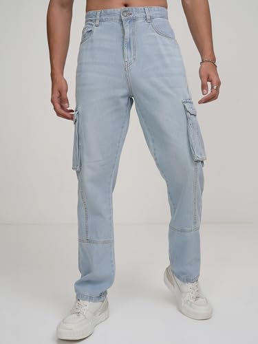 Image of Highlander Men's Relaxed-Fit Cargo Pocket Jeans | Clean Look | Cotton Comfort | Utility Style| Cargo Jeans for Man