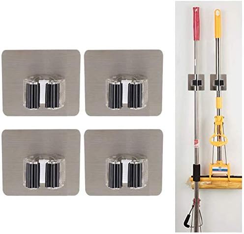 Mop Broom Holder - funvce 4 Pcs Adhesive Brush Holders No Drilling Cleaning Products Organiser Garden Tool Hanger Storage Wall Racks for Closet Kitchen Garage Bathroom