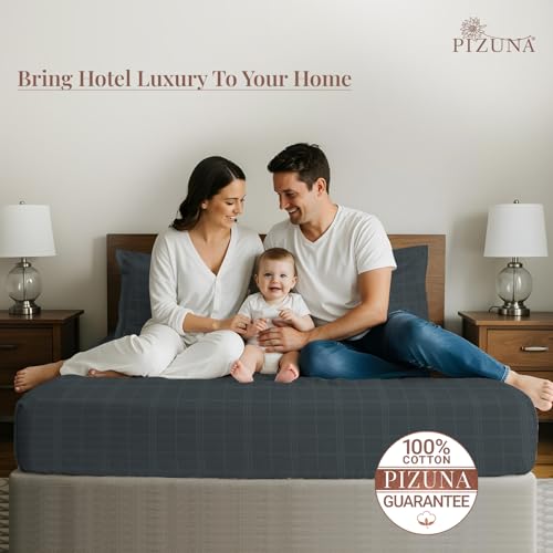 Image of Pizuna 100% Cotton Bedsheet Super King Size with 2 Pillow Covers, 300 Thread Count Long Staple Cotton, Checks Pattern Flat Bed Sheet 108X108 Inch for Superking Bed, Anthrazit-Grey