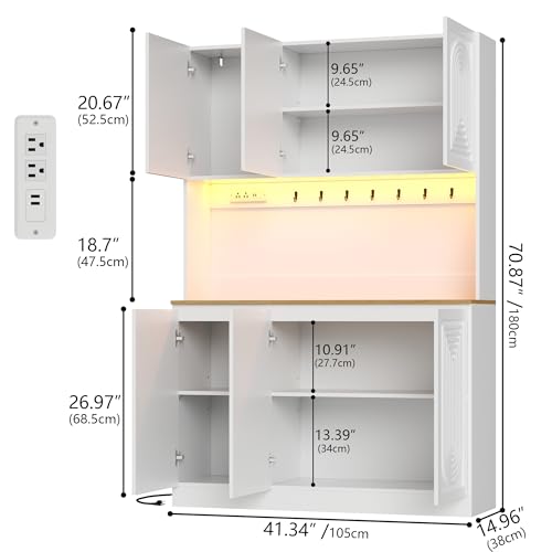 Image of 71 inch Black Kitchen Pantry with Power Outlet & LED Light, Large Kitchen Hutch Cabinet with Adjustable Shelf, Modern Buffet Cabinet with 6 Doors, Food Pantry Storage for Dining Room (White 6 Doors)