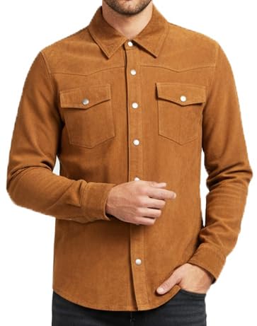 Image of A1 FASHION GOODS Men's Goat Suede Trucker Shirt Jacket Classic Western Style Real Leather Overshirt Grayson (UK, Alpha, L, Regular, Regular, Tan)