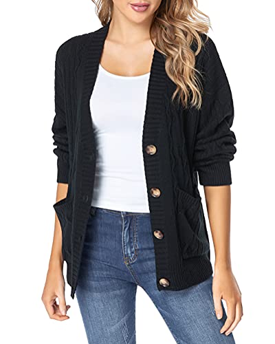Fuinloth Women's Cardigan Sweater, Oversized Chunky Knit Button Closure with Pockets Black Large