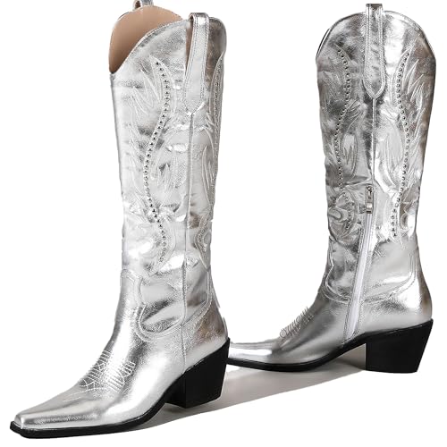 LingxiaUne Red Embroidered Cowboy Boots For Women Stylish Western Cowgirl Boot With Pointed Toe Chunky Block Heel Comfortable Shoes Mid Calf Boot For Party Prom Music Festival Pull On