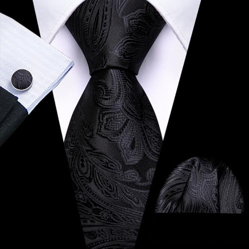 Image of Barry.Wang Men Tie Set Paisley Silk Necktie Pocket Square Cufflinks Formal Wedding Business Party