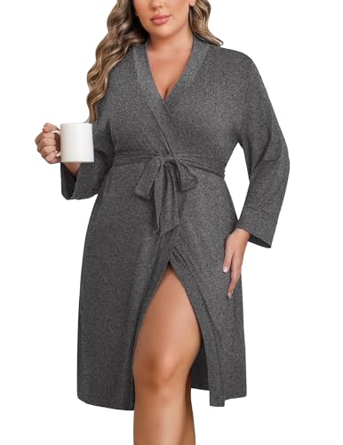 Image of Ekouaer Women Plus Size Robe Knee Length Lightweight Bathrobe Short Kimono Robes with Pockets Maternity Robe