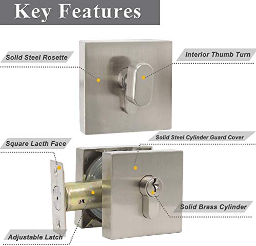 Probrico Single Cylinder Square Deadbolts One Side Keyed Satin Nickel Slim Modern Contemporary Deadbolts Door Locks For Interior And Exterior, Different Keys(2 Pack) #TOP5