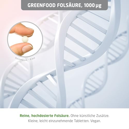 Folsäure, hochdosiert, 1000µg - 180 Tabletten, vegan. Vitamin B9 (Folsäure) - wichtig für Wachstum, Kinderwunsch & Schwangerschaft. OHNE künstliche Zusätze - laborgeprüft. Von Greenfood.