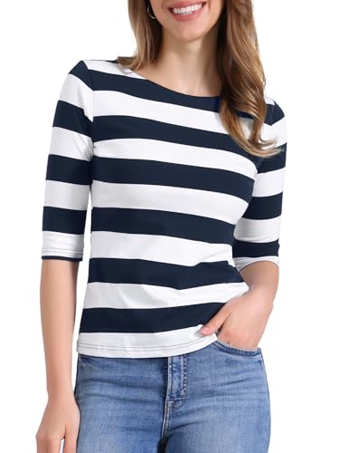 Allegra K Women's Striped Top Round Neck Tops Casual Long Sleeve Shirt