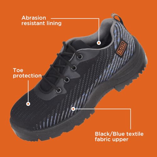 Image of BLACK+DECKER Flyknit Black & Blue Sporty Design Safety Shoes for Men | Lightweight, Antistatic & Antislip | Single Density with Fiber Toe | BXWB0186IN-FN | Size-08
